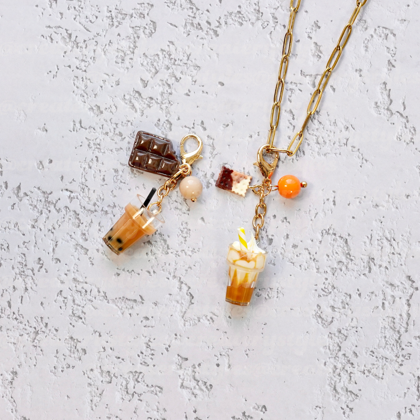 Milk Tea Mood charm set with boba tea, chocolate bar, and biscuit details