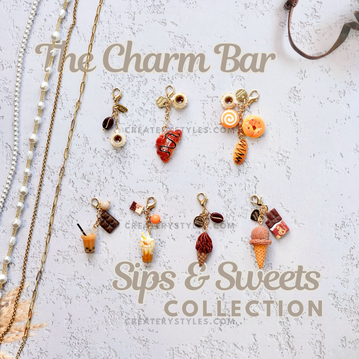 Espresso Ice Cream charms featuring mini coffee cup and donut on pastel background