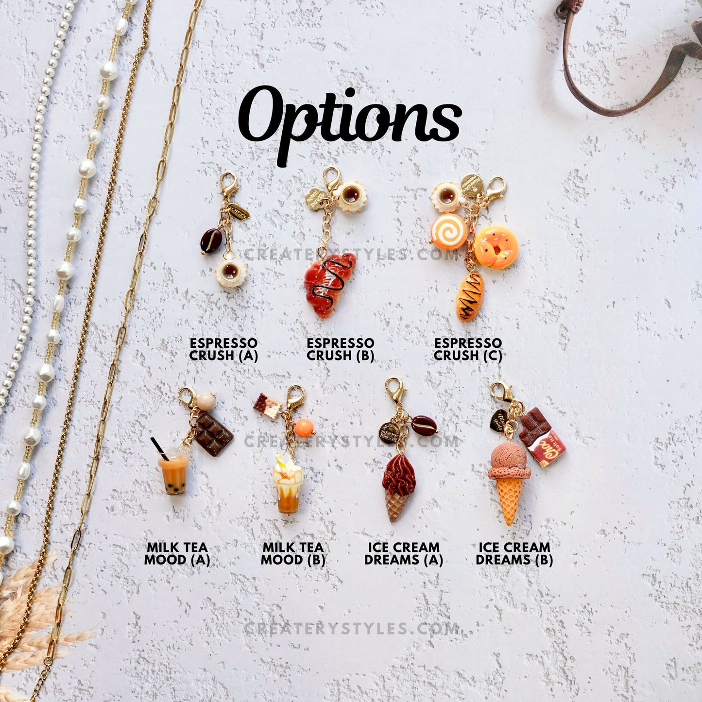 Pastel charm collection flat lay: espresso, milk tea, and ice cream themes
