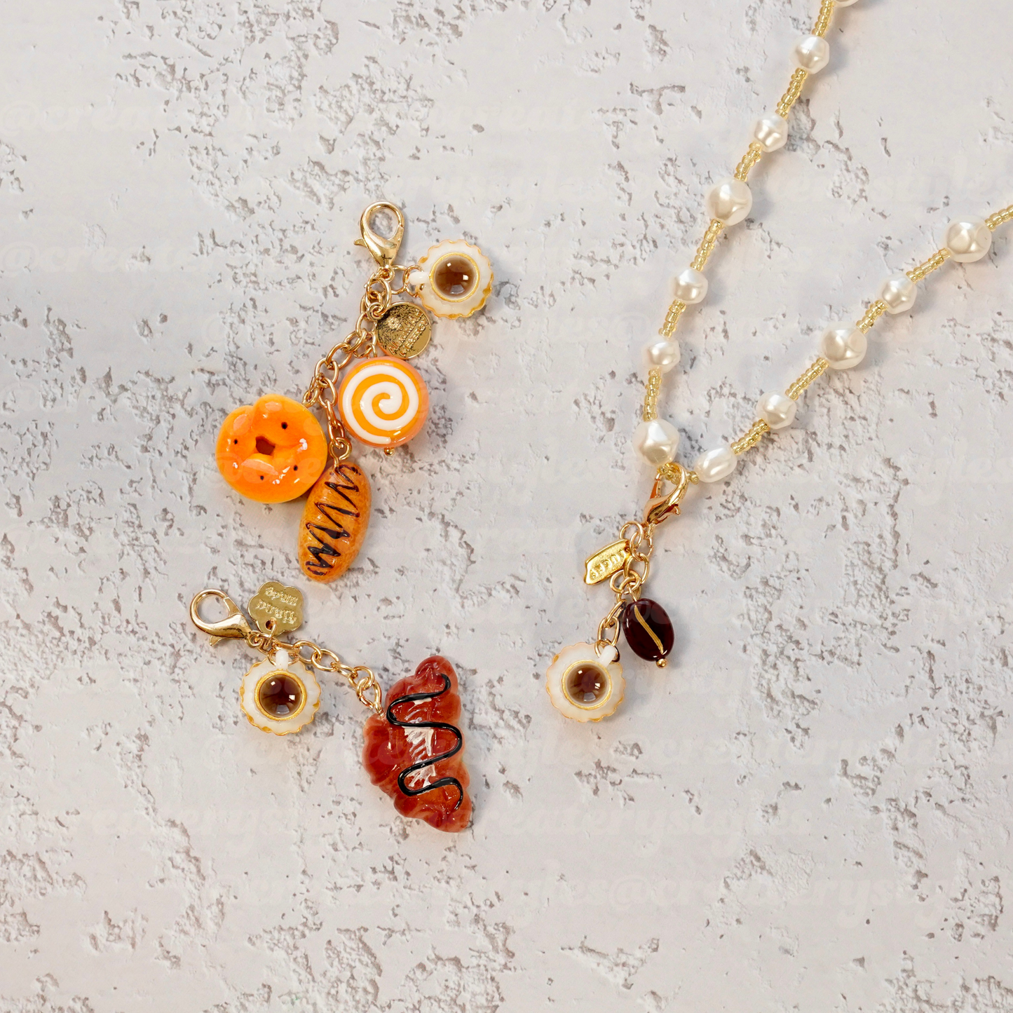 Espresso Crush charms featuring mini coffee cup and donut on pastel background
