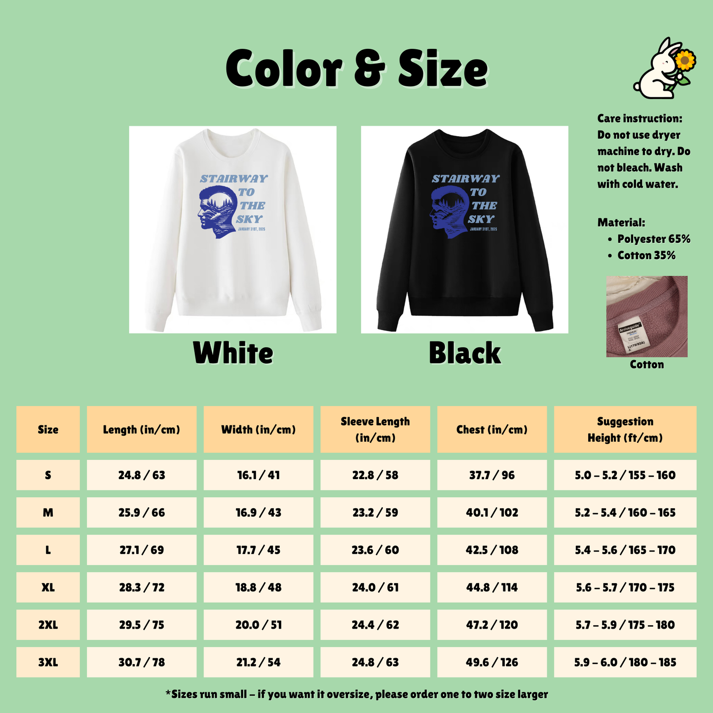 Color and size chart for a white and black sweatshirt with text and graphics on a green background.
