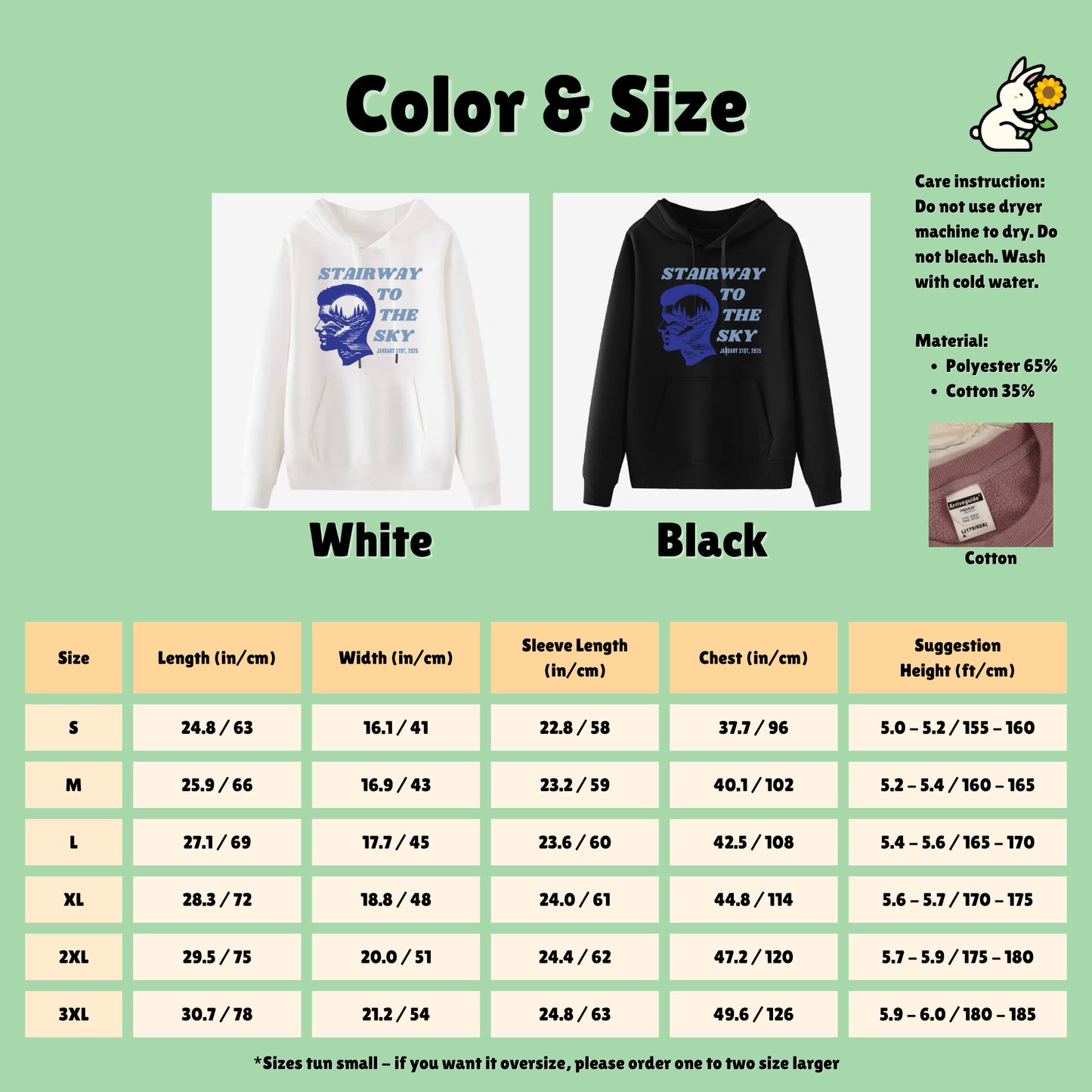 Color and size chart for a hoodie with 'Starway to the Sky' design on a green background.