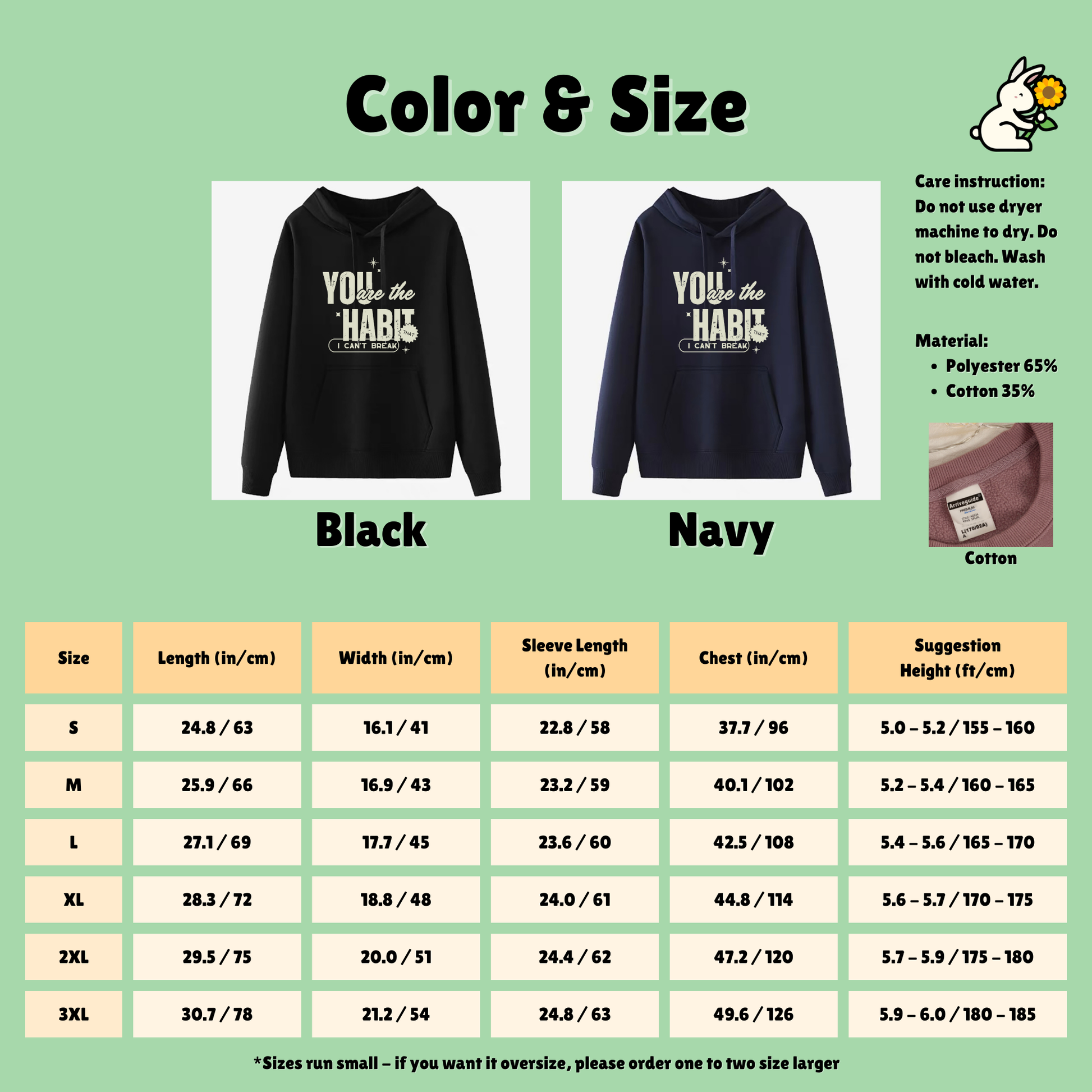 Color and size chart for black and navy hoodies with text and material information.