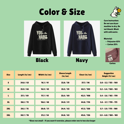 Color and size chart for black and navy hoodies with text and material information.