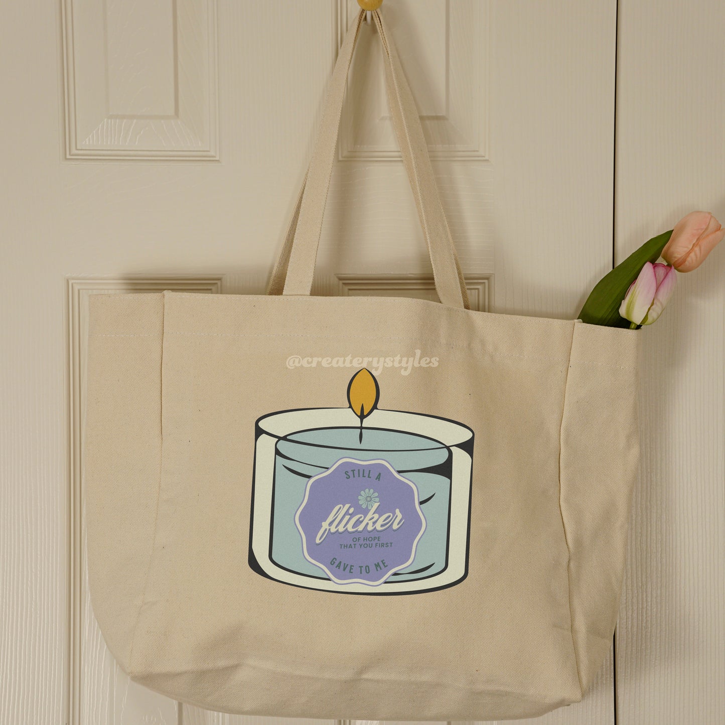 Double-sided Niall Horan Flicker-themed tote bag with a candle and lyrical quote design.