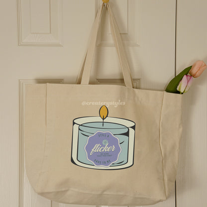 Double-sided Niall Horan Flicker-themed tote bag with a candle and lyrical quote design.