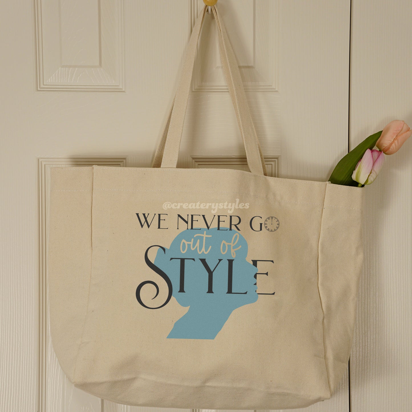 Double-sided Taylor Swift 'Style' themed tote bag with stylish silhouette and iconic lyric design.