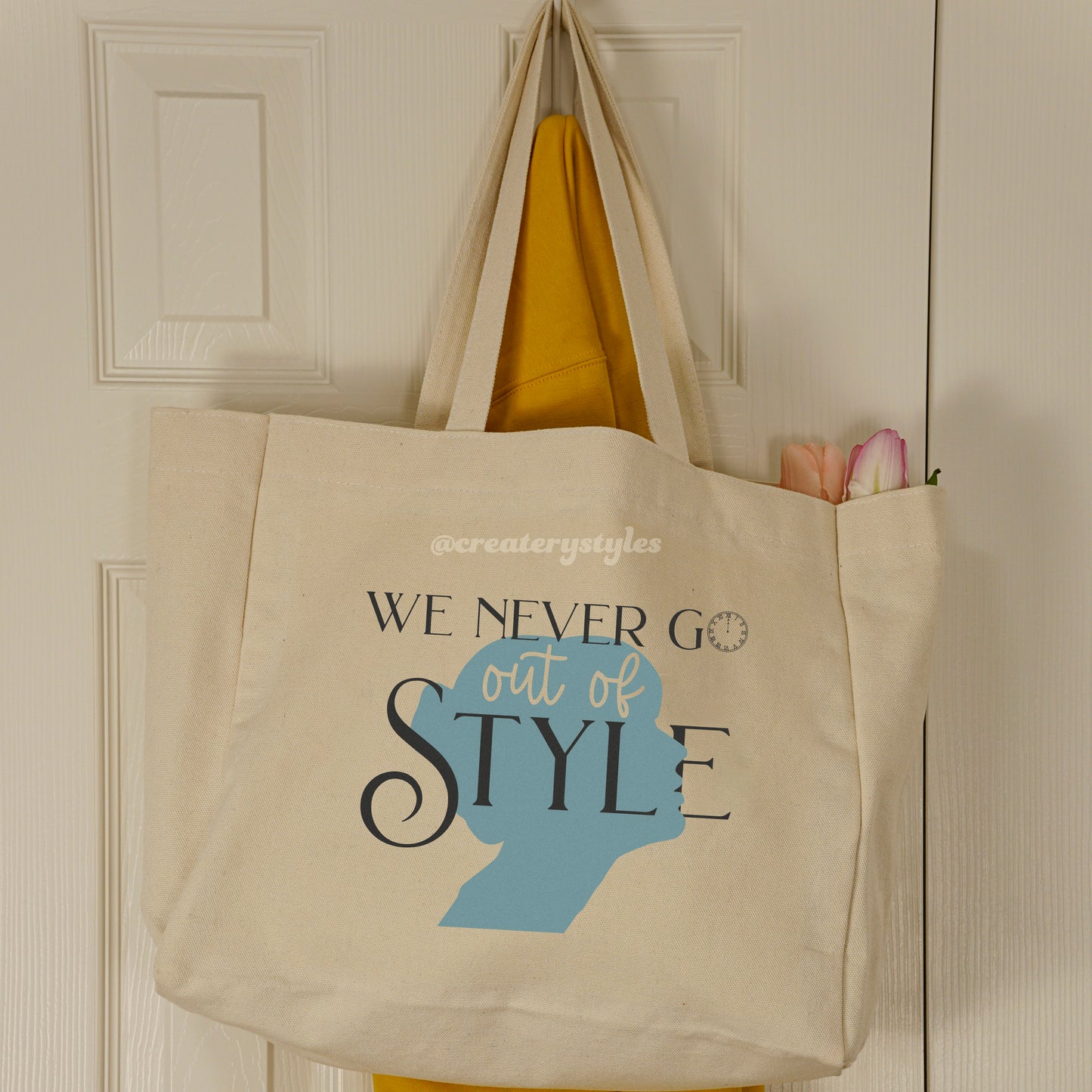 Double-sided Taylor Swift 'Style' themed tote bag with stylish silhouette and iconic lyric design.