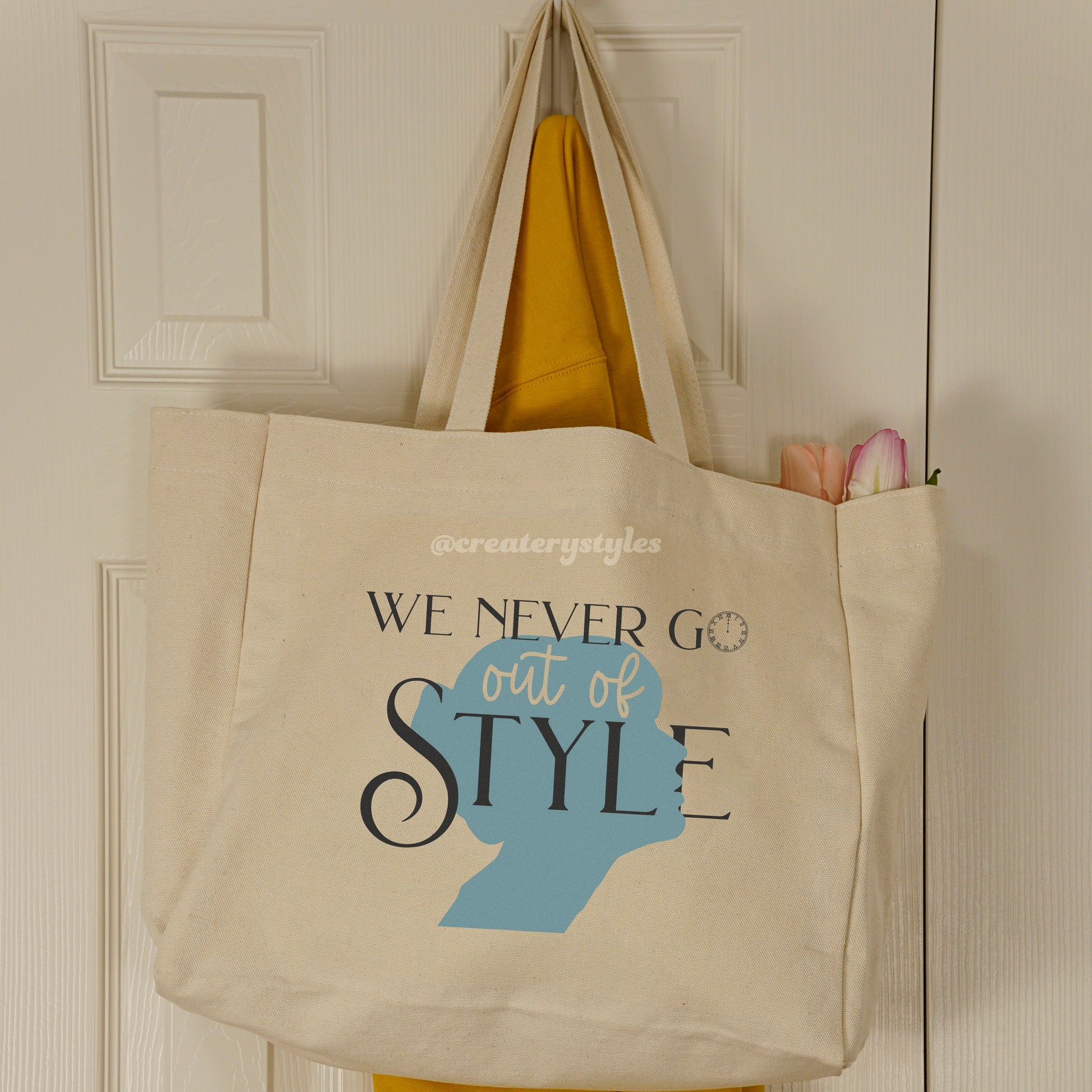 Double-sided Taylor Swift 'Style' themed tote bag with stylish silhouette and iconic lyric design.