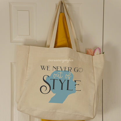 Double-sided Taylor Swift 'Style' themed tote bag with stylish silhouette and iconic lyric design.