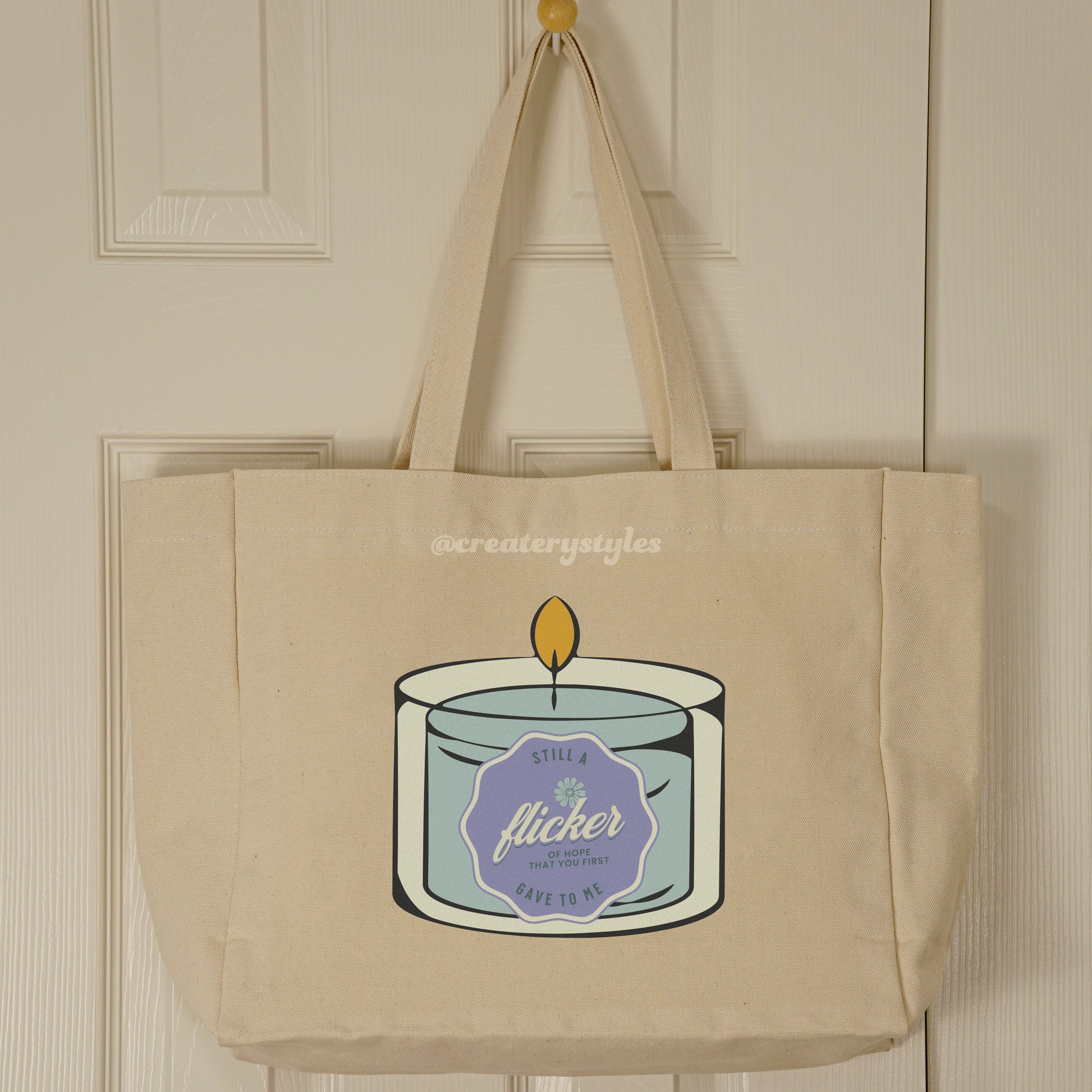 Double-sided Niall Horan Flicker-themed tote bag with a candle and lyrical quote design.