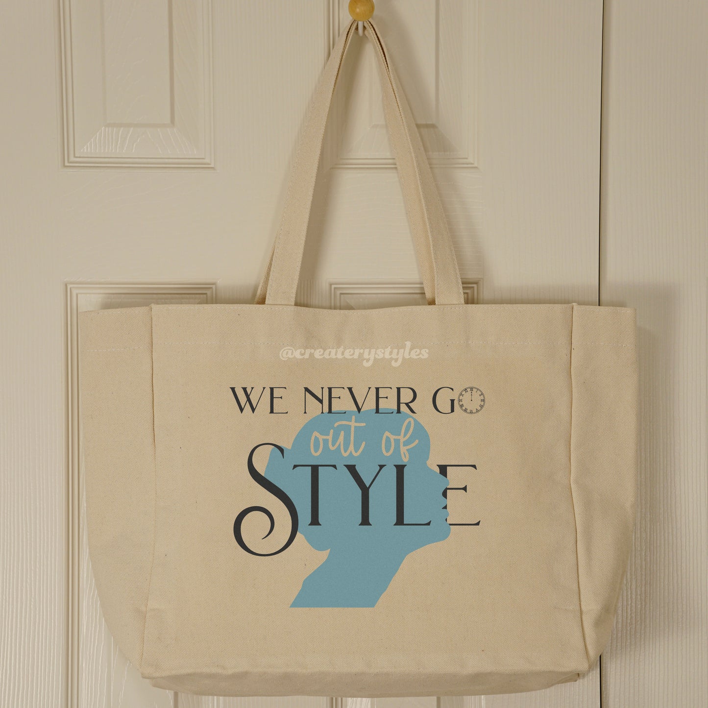 Double-sided Taylor Swift 'Style' themed tote bag with stylish silhouette and iconic lyric design.