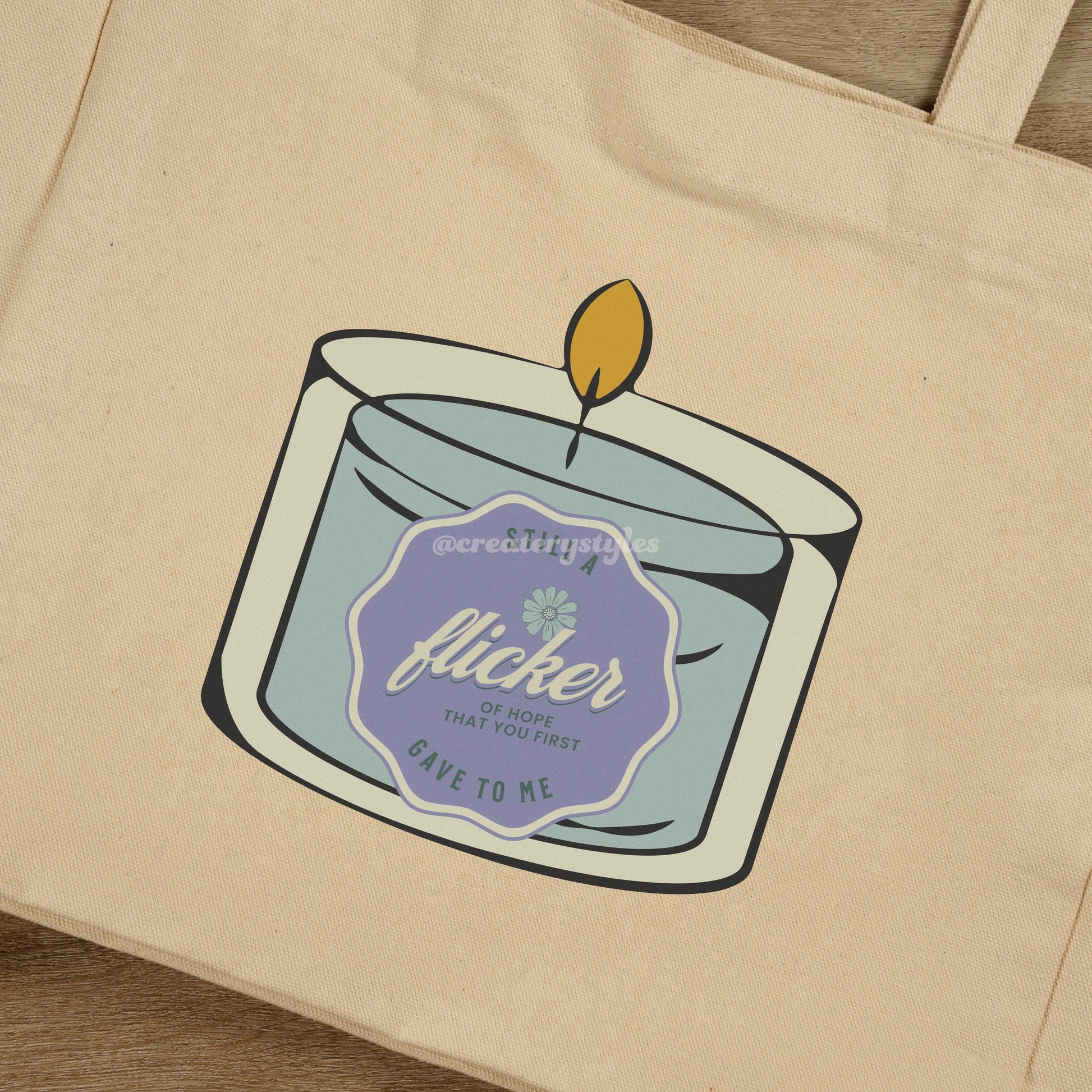 Double-sided Niall Horan Flicker-themed tote bag with a candle and lyrical quote design.