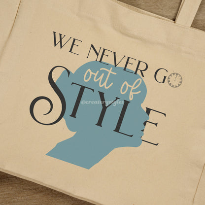 Double-sided Taylor Swift 'Style' themed tote bag with stylish silhouette and iconic lyric design.