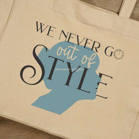 Double-sided Taylor Swift 'Style' themed tote bag with stylish silhouette and iconic lyric design.