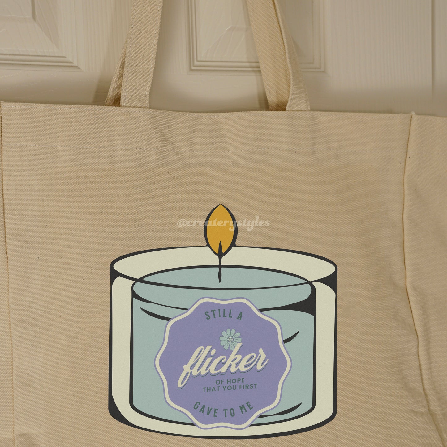 Double-sided Niall Horan Flicker-themed tote bag with a candle and lyrical quote design.