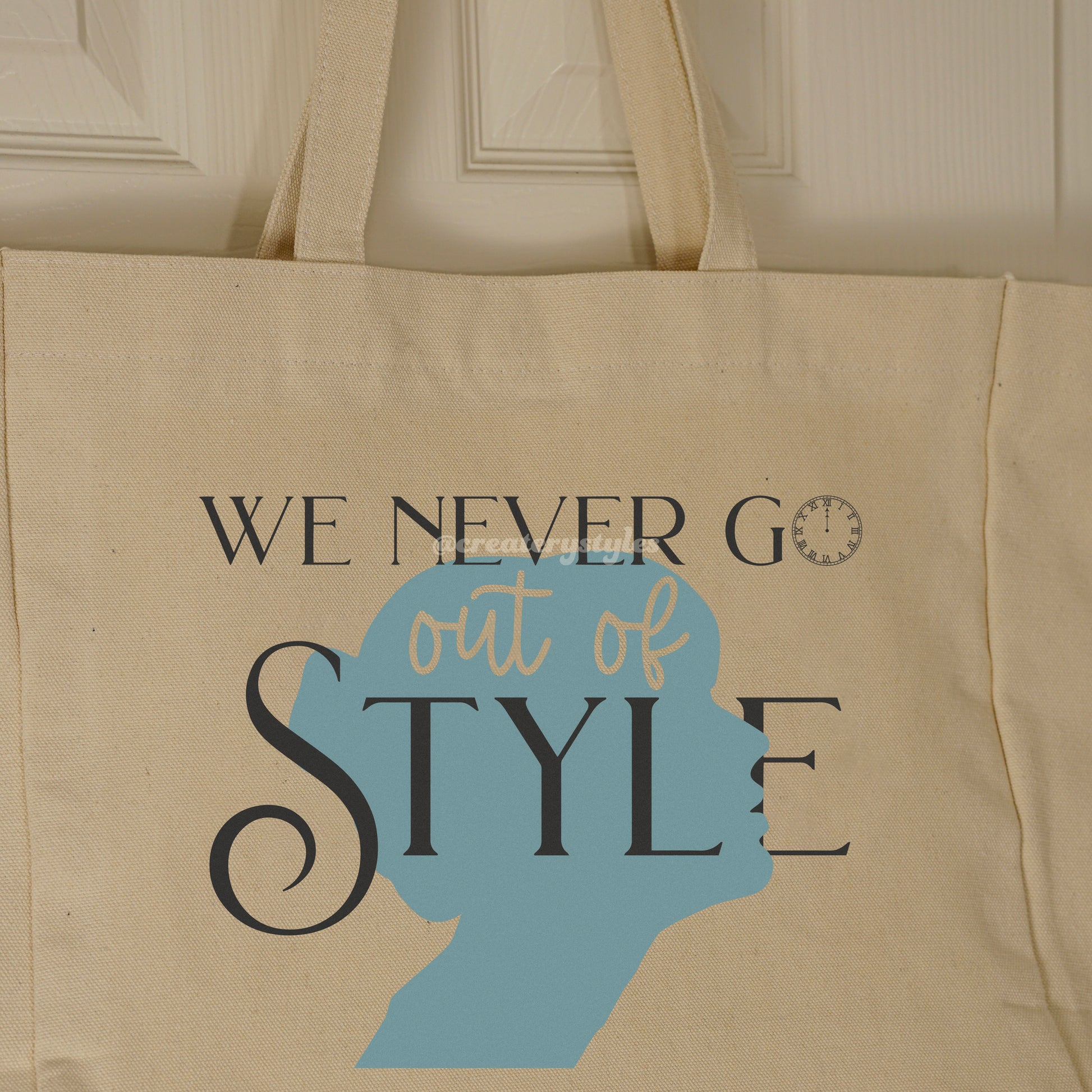 Double-sided Taylor Swift 'Style' themed tote bag with stylish silhouette and iconic lyric design.