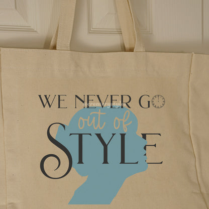 Double-sided Taylor Swift 'Style' themed tote bag with stylish silhouette and iconic lyric design.