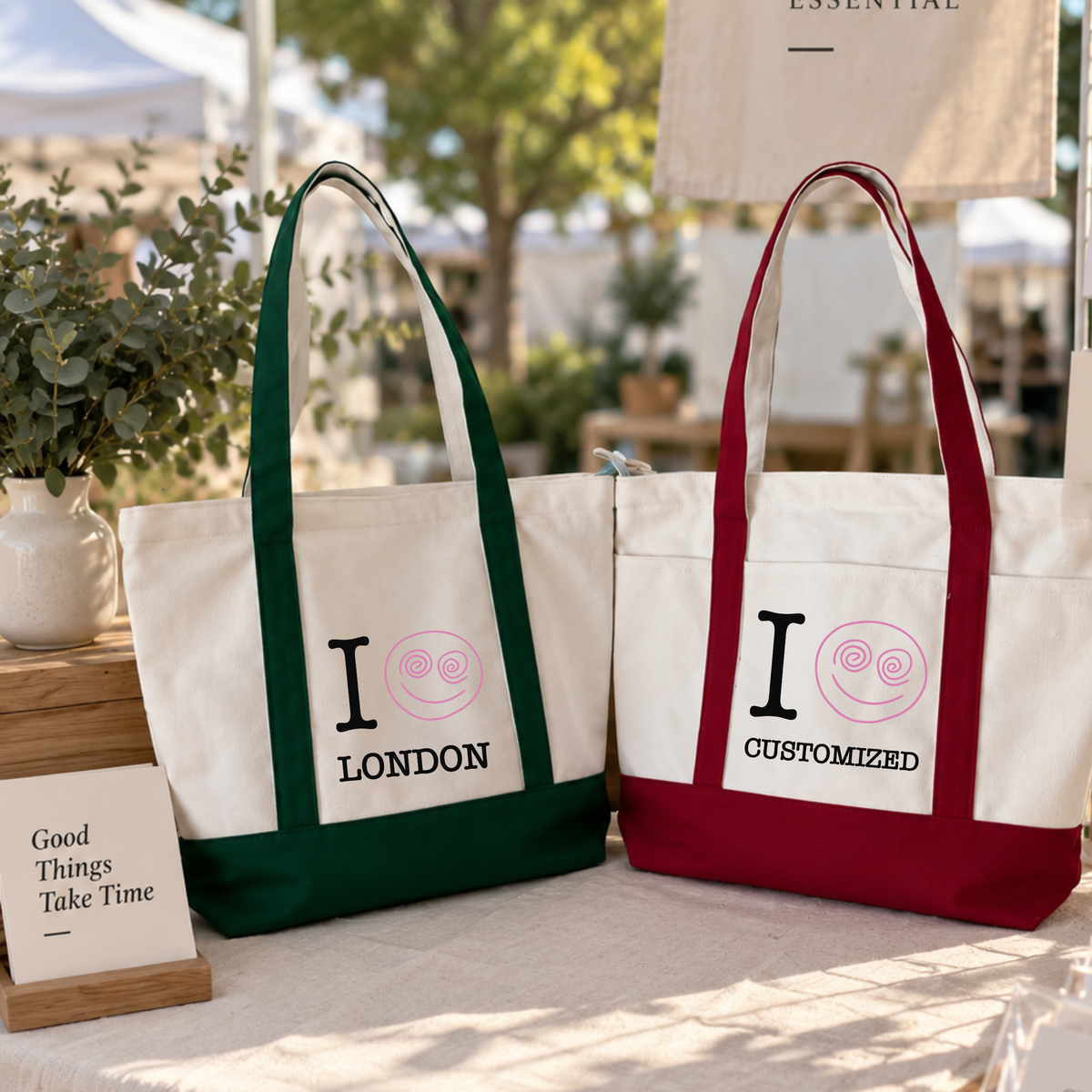 Snail Mail Custom Tote Bag TJ Canvas Tote. Personalized canvas tote bags in red and green with custom city text and colorful snail designs