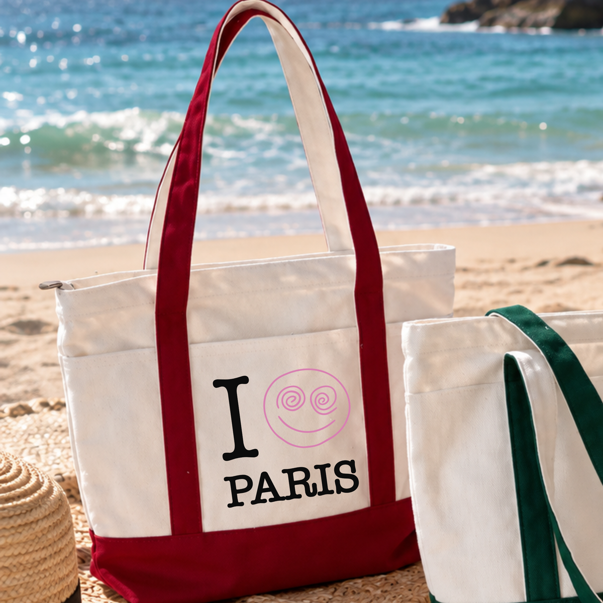 Red personalized canvas tote bag with Paris city design and pink snail graphic at the beach