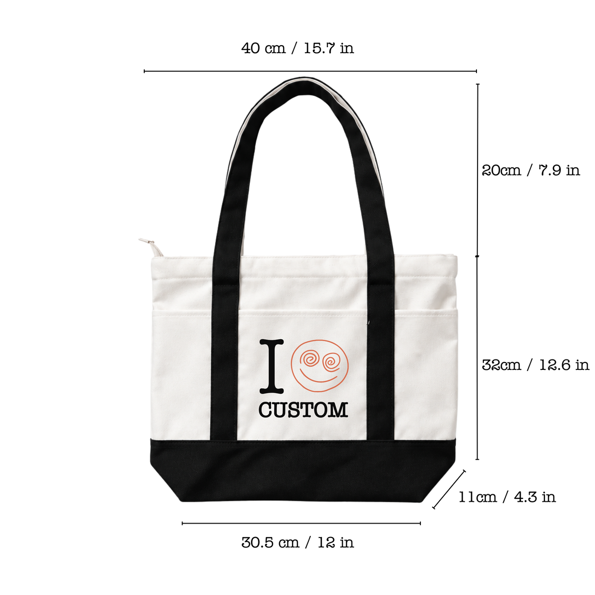 Personalized canvas tote bag size chart showing 15.7 inch width 12.6 inch height and 4.3 inch depth