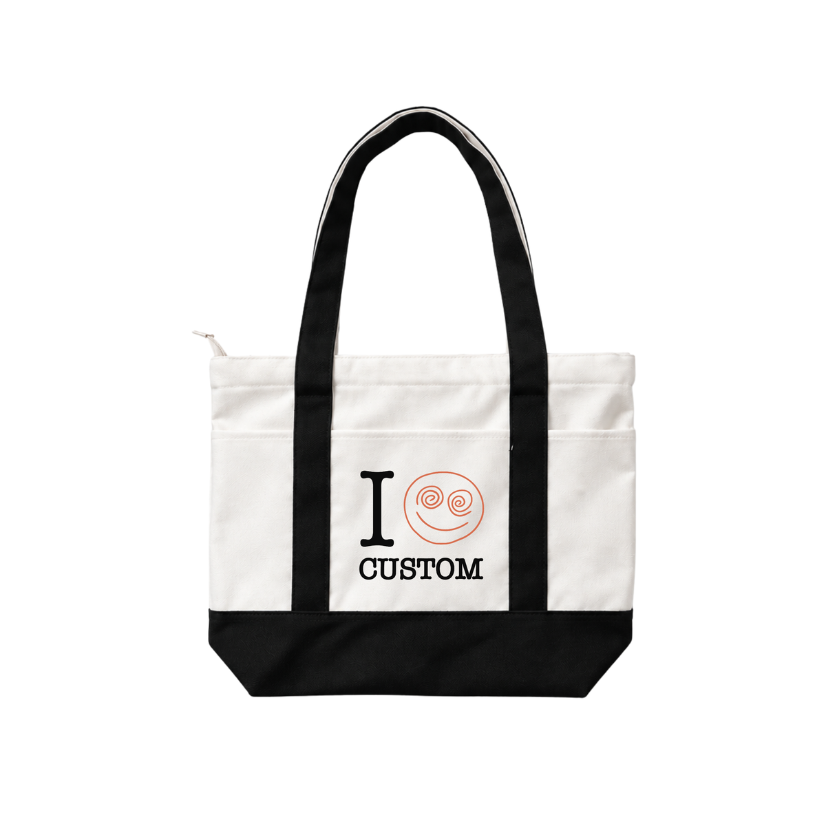 Black personalized canvas tote bag with custom text and orange snail design on white background