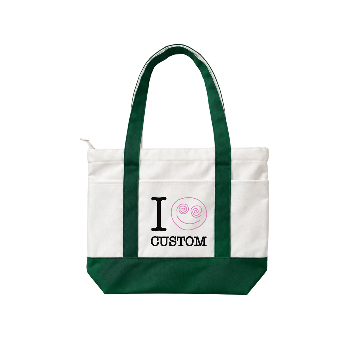 Green personalized canvas tote bag with custom text and pink snail design on white background