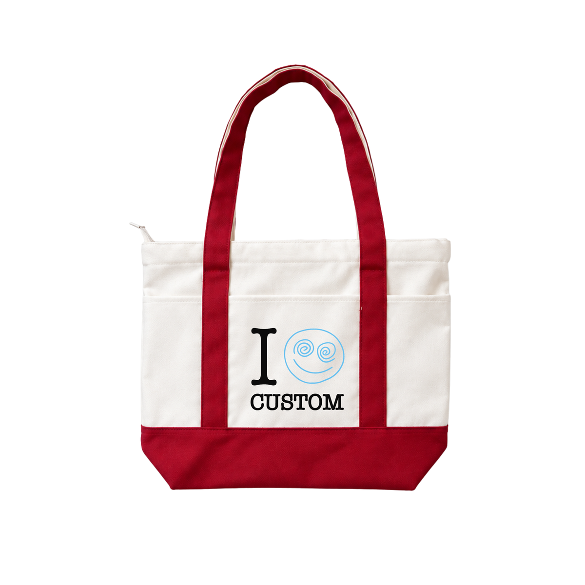 Red personalized canvas tote bag with custom text and blue snail design on white background