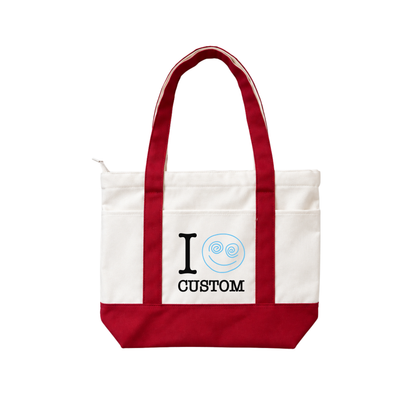 Red personalized canvas tote bag with custom text and blue snail design on white background